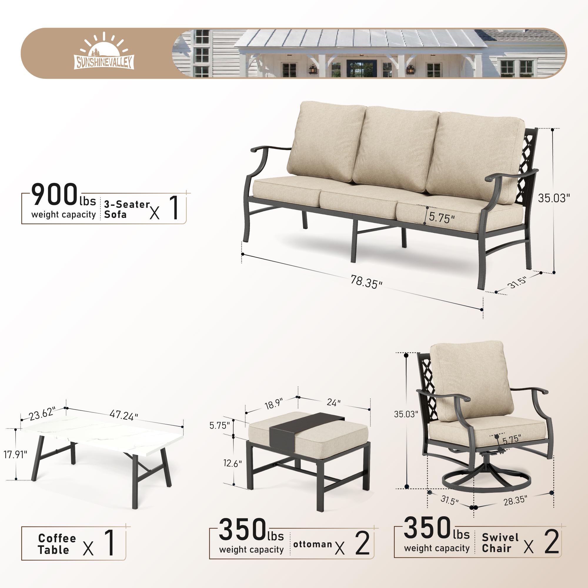 SUNSHINE VALLEY Patio Furniture Set, Modern Metal Outdoor Patio Furniture, 3 Seater Sofa, 2 Swivel Chairs, 2 Ottomans, Coffee Table and 5.75" Extra Thick Cushion, Patio Conversation Set for Backyard