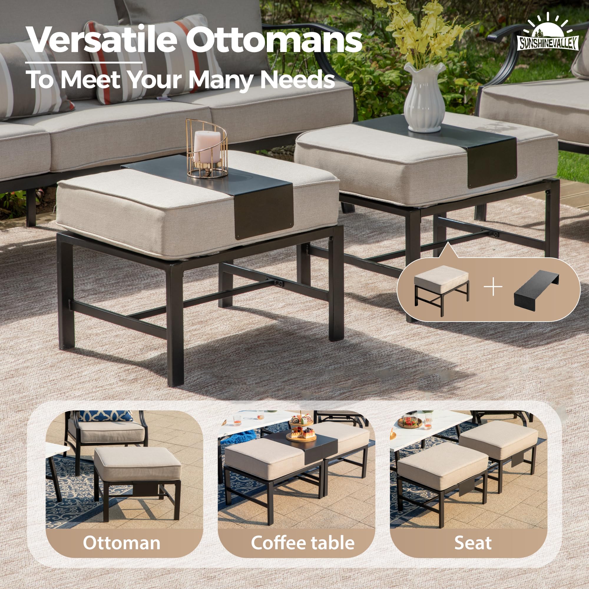 SUNSHINE VALLEY Patio Furniture Set, Modern Metal Outdoor Patio Furniture, 3 Seater Sofa, 2 Swivel Chairs, 2 Ottomans, Coffee Table and 5.75" Extra Thick Cushion, Patio Conversation Set for Backyard