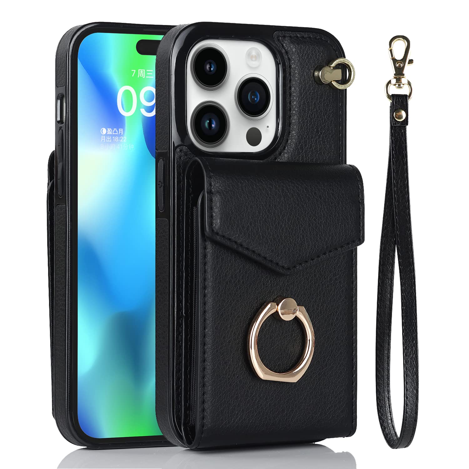 XYAJUANG Phone Case Compatible with iPhone 14 Pro（6.1''），Leather Accordion Folding Wallet &Card Holder with RFID Shielding Material Phone Case ，with Adjustable Ring Holder and Lanyard (Black)