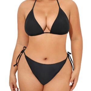 Tempt Me Women Plus Size Triangle Bikini String Two Piece Halter Tie Side Swimsuit Black 14 Plus