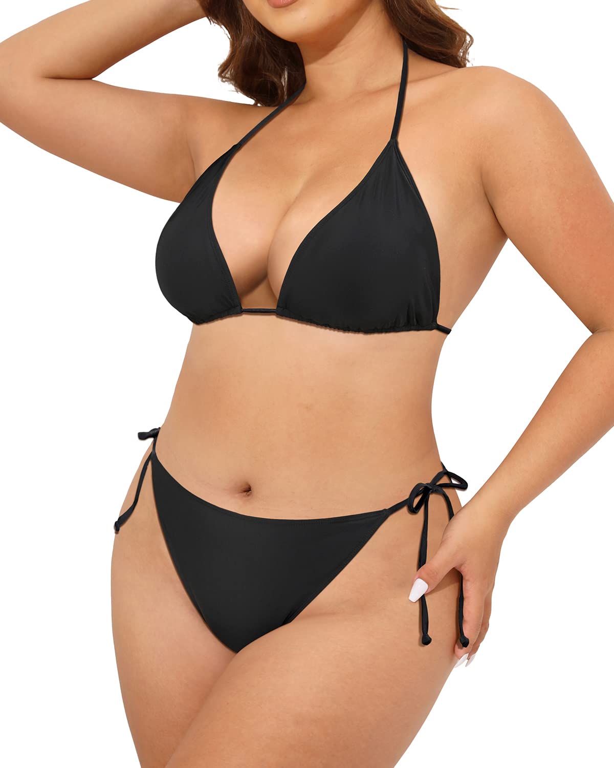 Tempt Me Women Plus Size Triangle Bikini String Two Piece Halter Tie Side Swimsuit Black 14 Plus