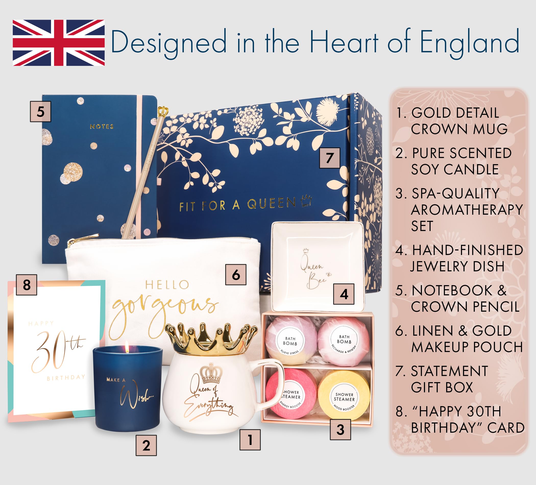 Luxe England Gifts Royal 30th Birthday Gift Basket for Women - Luxury 30th Birthday Gifts for Women Designed in Britain – High-end Unique 30th Birthday Gift Box for Women Friend, Wife, Mom, Sister