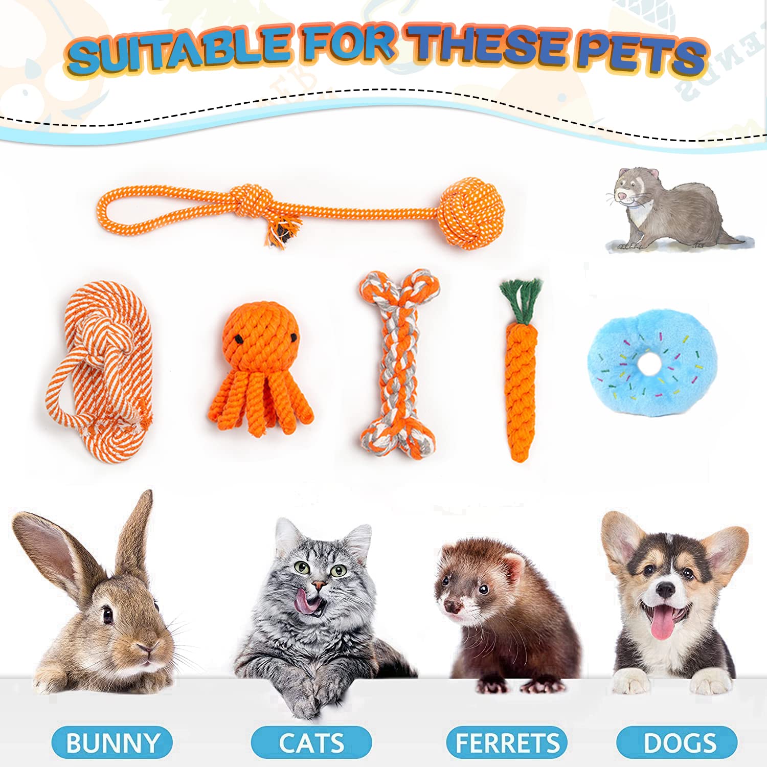 SIT ZIT 6 Pack Ferret Toys Durable Knotted Rope Tug Perfect for Teething Mammals Cotton Rope Chew Toys Interactive Dog Rope Toy Set Machine-Washable