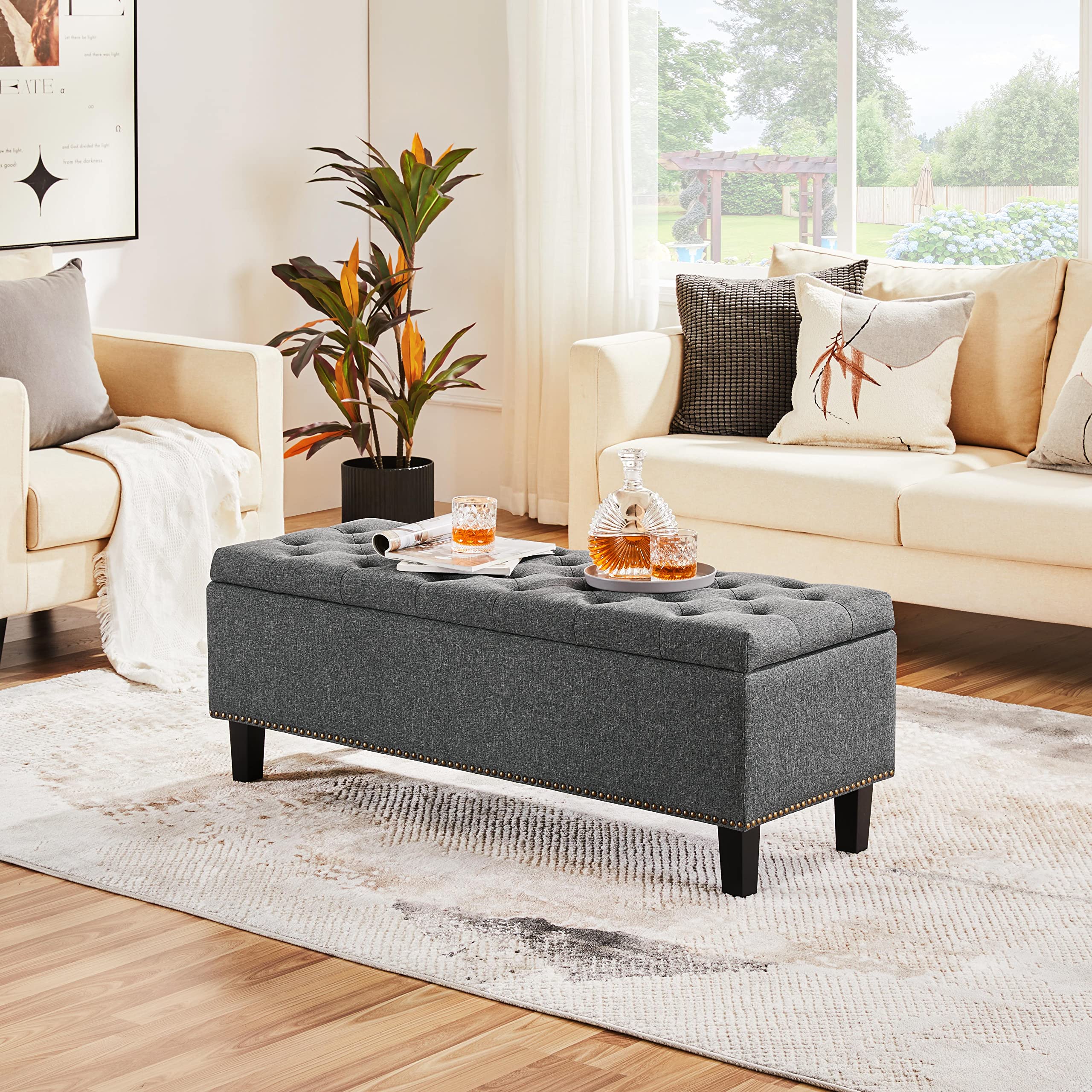 Yaheetech Ottoman with Storage Classic 49-inch Entryway Bench Storage Ottoman Bench Bench with Storage Coffee Table Footstool Bench Multipurpose Foot Rest Sofa Stool Dark Gray