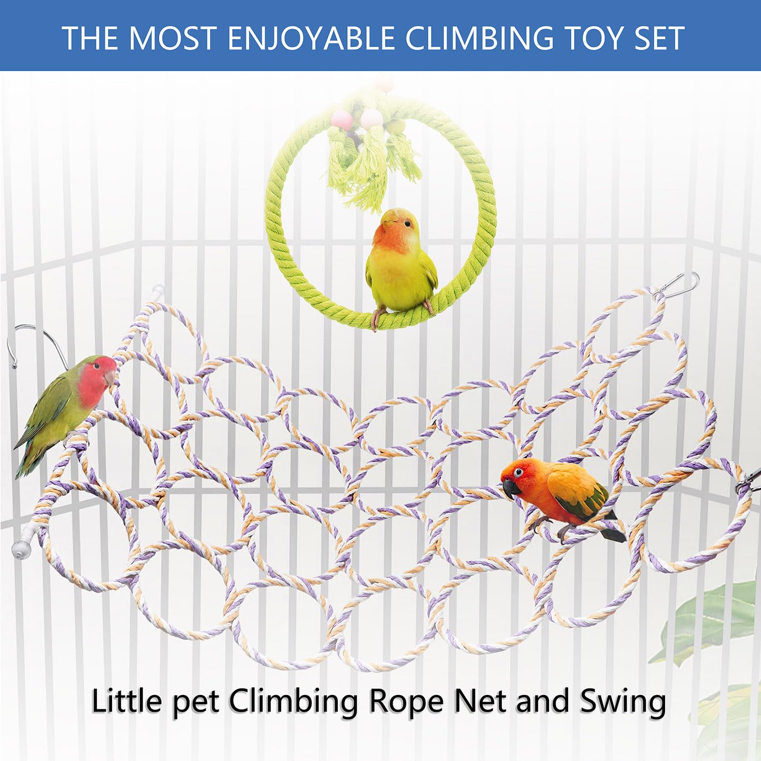 Sysmashing 3 Pack Swing Hanging Toys,Bird Climbing Rope Net Ladders Small Medium Pet Activity Toy Suitable for Parakeet,Cockatiel,Cockatoo,Hamster,Rat,Ferret(Random Color)