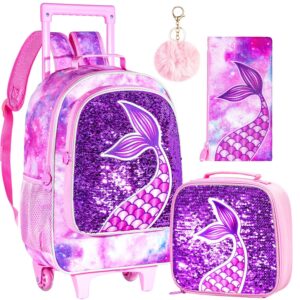 gxtvo rolling backpack for girls, roller wheels kids bookbag - wheeled suitcase elementary sequin school bag - 3pcs mermaid