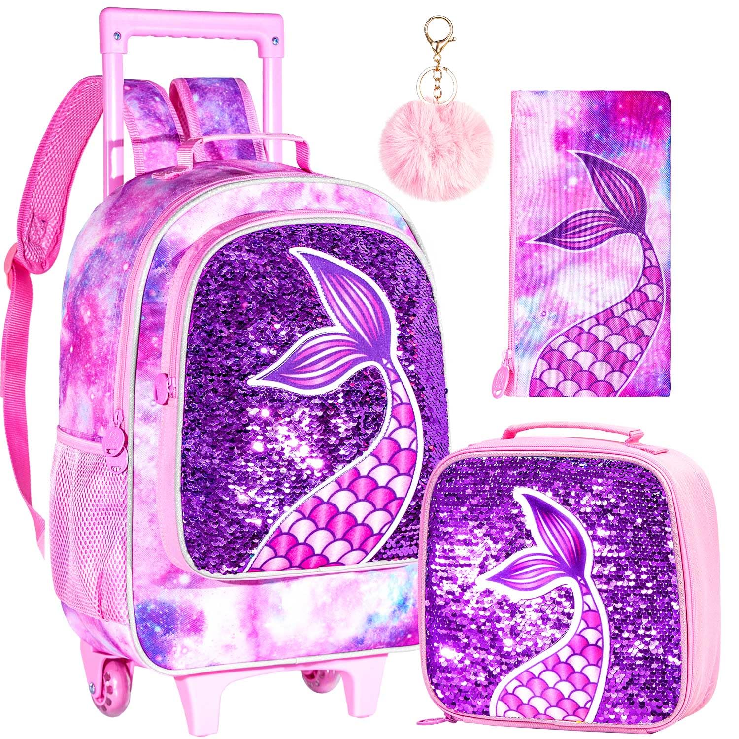 gxtvo Rolling Backpack for Girls, Roller Wheels Kids Bookbag - Wheeled Suitcase Elementary Sequin School Bag - 3PCS Mermaid