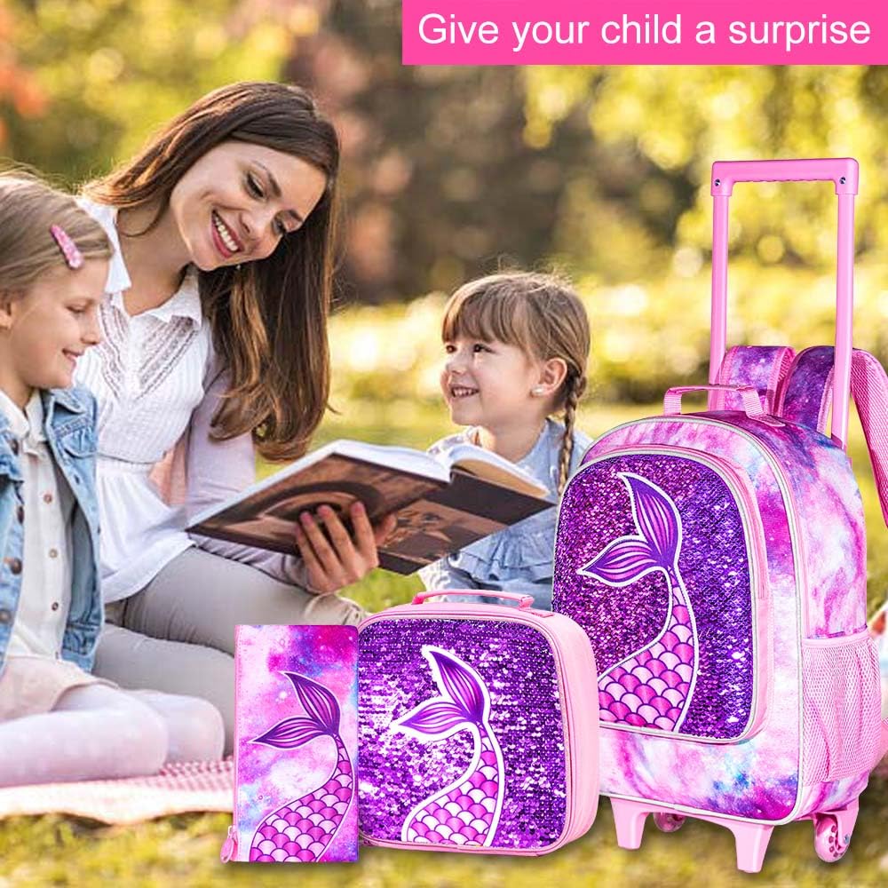 gxtvo Rolling Backpack for Girls, Roller Wheels Kids Bookbag - Wheeled Suitcase Elementary Sequin School Bag - 3PCS Mermaid