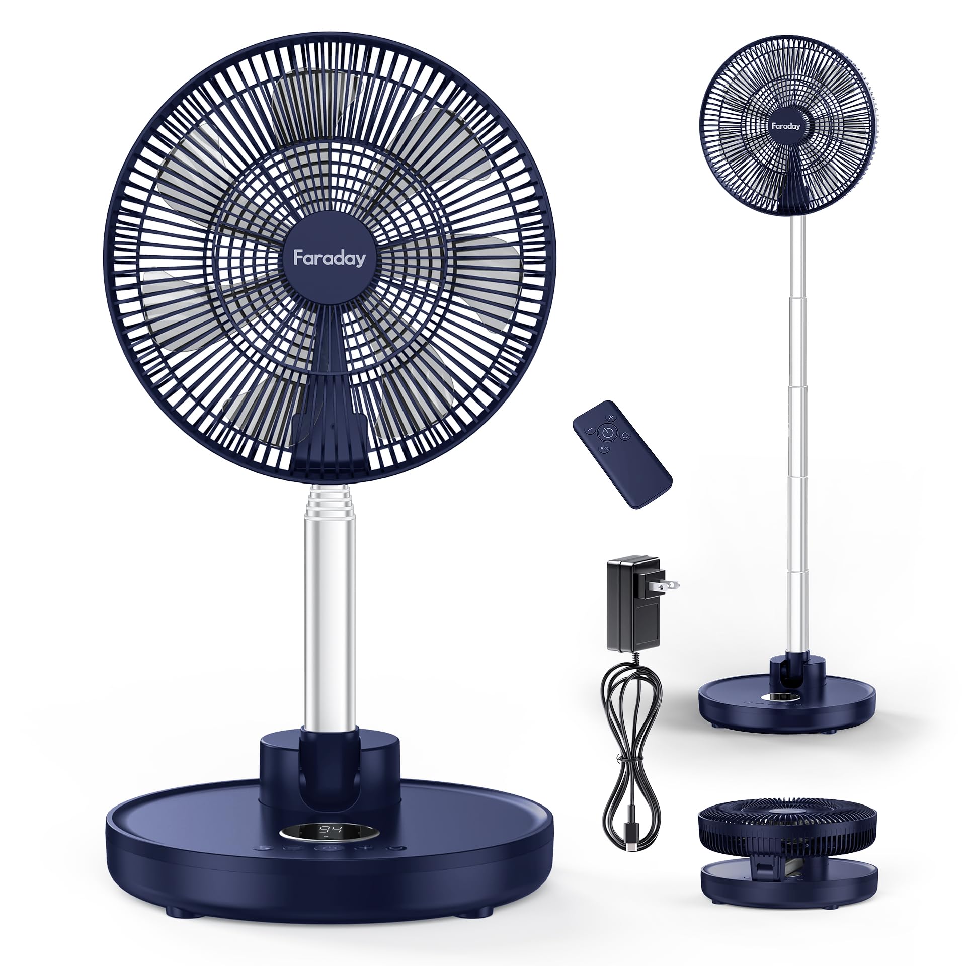 FARADAY Oscillating Standing Fan 12” Foldable Portable Quiet Floor Fan 12000mAh Rechargeable Pedestal Fan with Remote, Timer Setting, Height Adjustable Foldaway Fan for Bedroom Home Office, 6 Speed