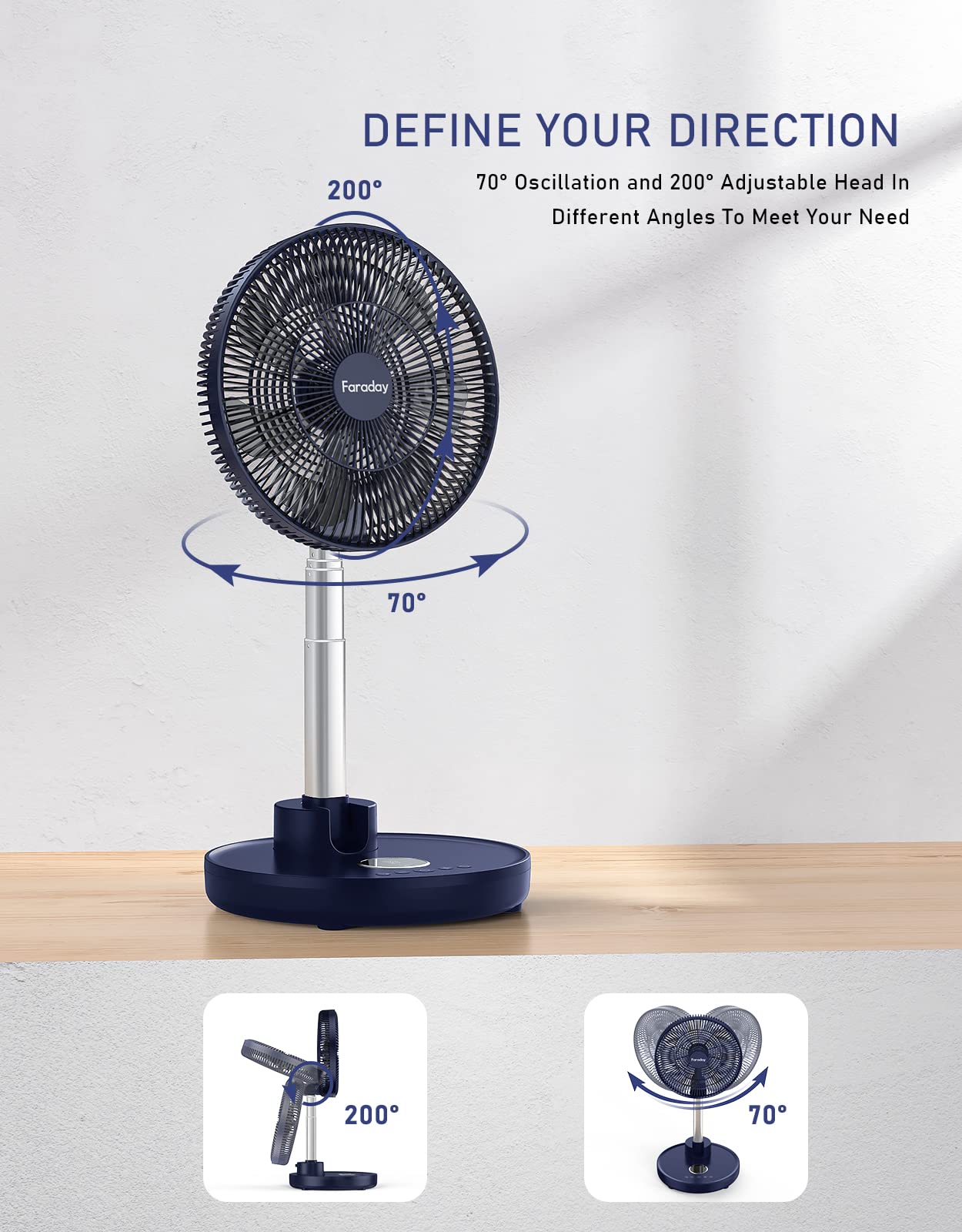 FARADAY Oscillating Standing Fan 12” Foldable Portable Quiet Floor Fan 12000mAh Rechargeable Pedestal Fan with Remote, Timer Setting, Height Adjustable Foldaway Fan for Bedroom Home Office, 6 Speed