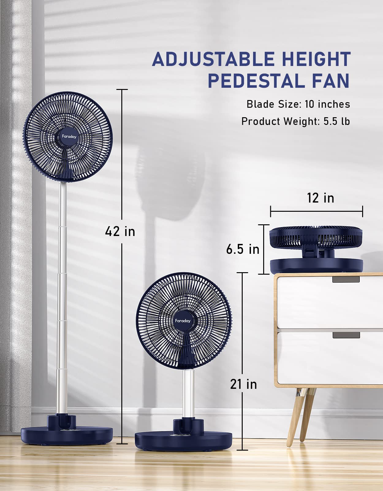 FARADAY Oscillating Standing Fan 12” Foldable Portable Quiet Floor Fan 12000mAh Rechargeable Pedestal Fan with Remote, Timer Setting, Height Adjustable Foldaway Fan for Bedroom Home Office, 6 Speed