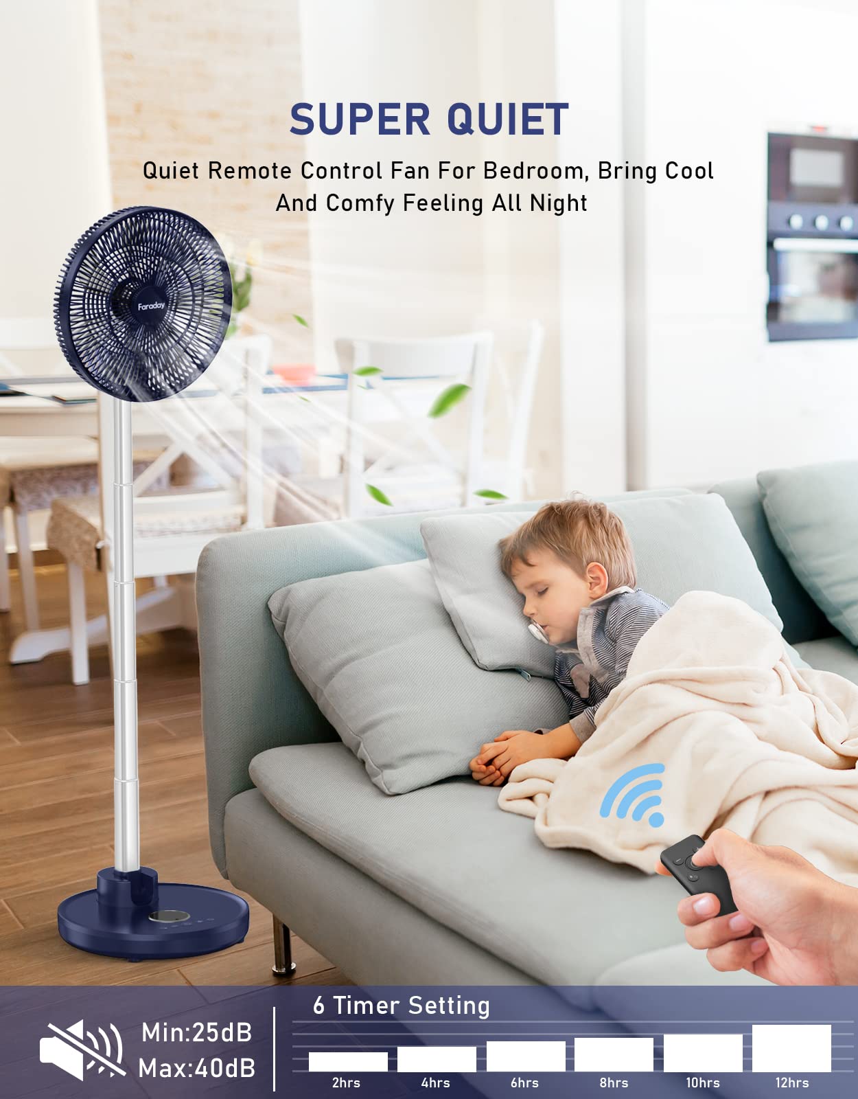 FARADAY Oscillating Standing Fan 12” Foldable Portable Quiet Floor Fan 12000mAh Rechargeable Pedestal Fan with Remote, Timer Setting, Height Adjustable Foldaway Fan for Bedroom Home Office, 6 Speed