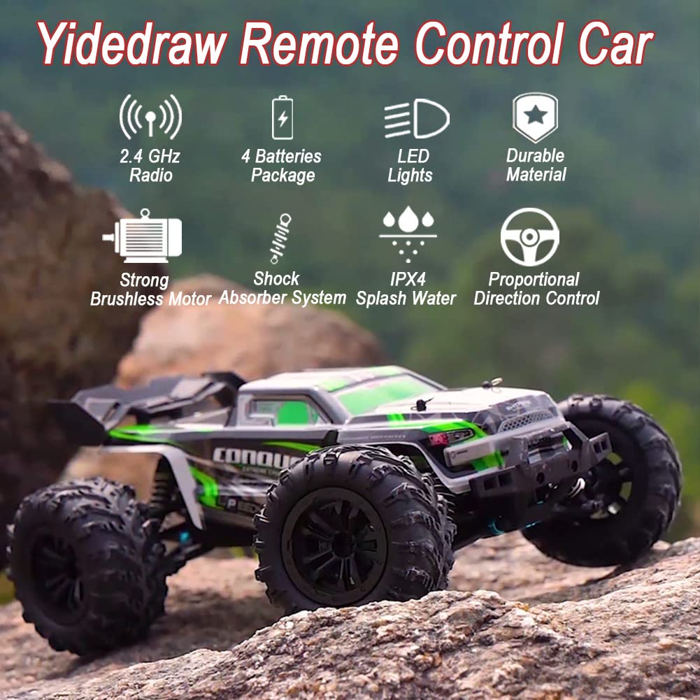 Yidedraw 1:16 Scale RC Cars 50KMH 4WD Remote Control Car High Speed RC Truck for Adults Boys 2.4GHz All Terrains RC Buggy Off-Road Drift RC Monster Trucks with 3 Batteries (Green)