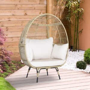 Tangkula PE Wicker Egg Chair, Patiojoy Oversized Indoor Outdoor Patio Lounge Chair with Cushions and Pillows, Steel Frame Basket Chair for Garden, Deck, Balcony, Living Room (Light Brown)