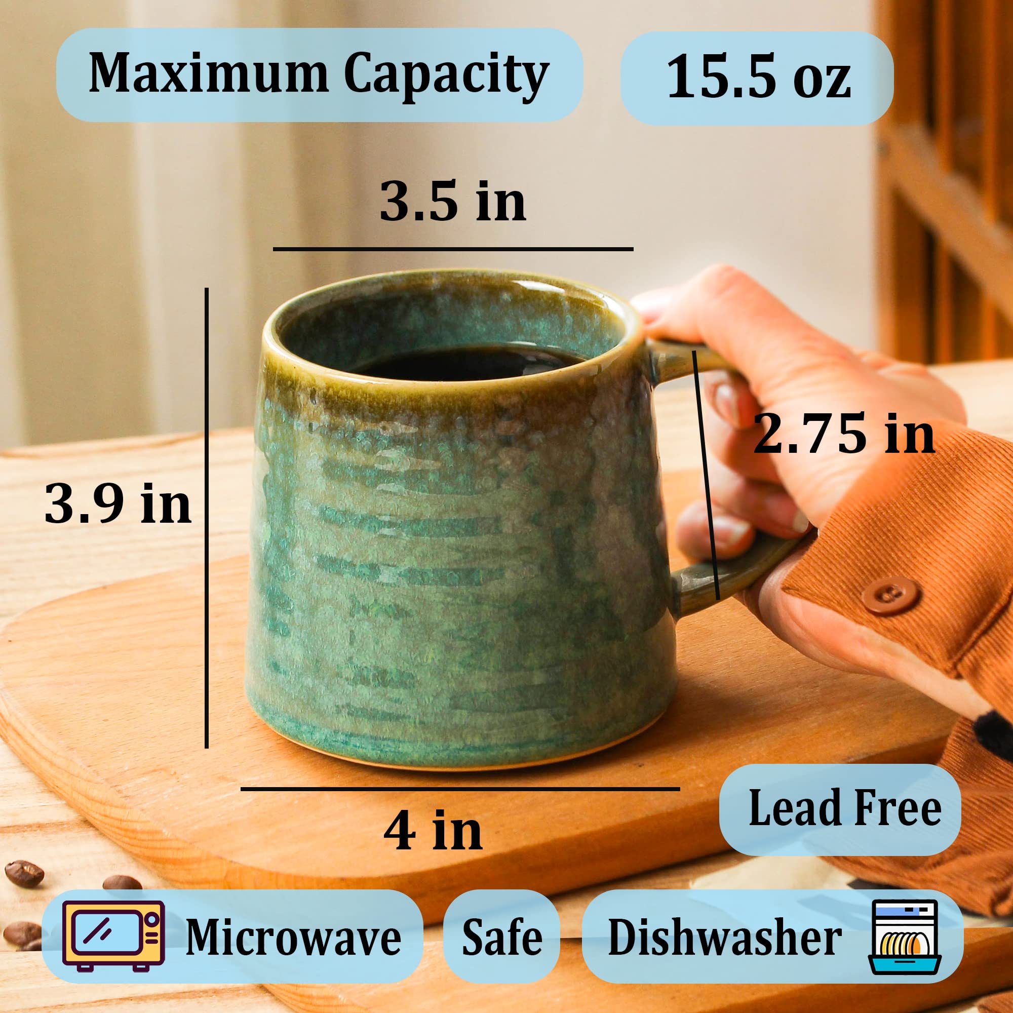 masoline Large Ceramic Coffee Mug, Handmade Pottery Mugs, Tea Cups with Big Handle for Office and Home, 15.5 oz, Dishwasher and Microwave Safe (Brown)