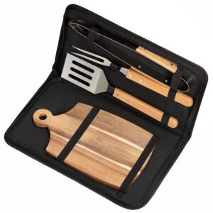 bbq tool grill accessories set - ampseven 4pcs stainless steel grilling tools kit with acacia wood chopping board,spatula, fork, bbq tongs deluxe barbecue gift with carrying case