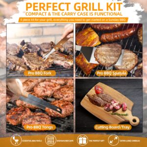 BBQ Tool Grill Accessories Set - AMPSEVEN 4PCS Stainless Steel Grilling Tools Kit with Acacia Wood Chopping Board,Spatula, Fork, BBQ Tongs Deluxe Barbecue Gift with Carrying Case