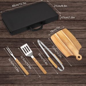 BBQ Tool Grill Accessories Set - AMPSEVEN 4PCS Stainless Steel Grilling Tools Kit with Acacia Wood Chopping Board,Spatula, Fork, BBQ Tongs Deluxe Barbecue Gift with Carrying Case