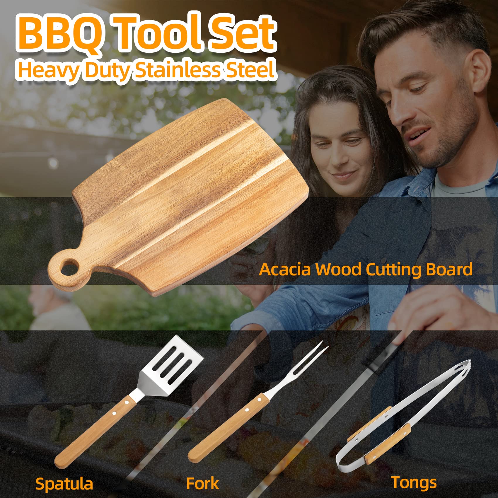 BBQ Tool Grill Accessories Set - AMPSEVEN 4PCS Stainless Steel Grilling Tools Kit with Acacia Wood Chopping Board,Spatula, Fork, BBQ Tongs Deluxe Barbecue Gift with Carrying Case