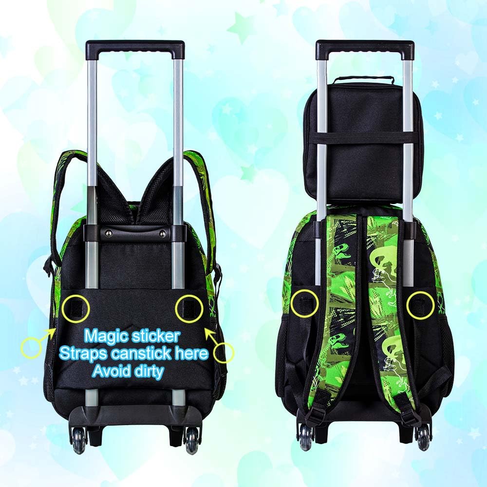 CCJPX 3PCS Kids Rolling Backpack Boys, Dinosaur School Bookbag with Wheels, Roller Wheeled Backpacks for Toddler Elementary