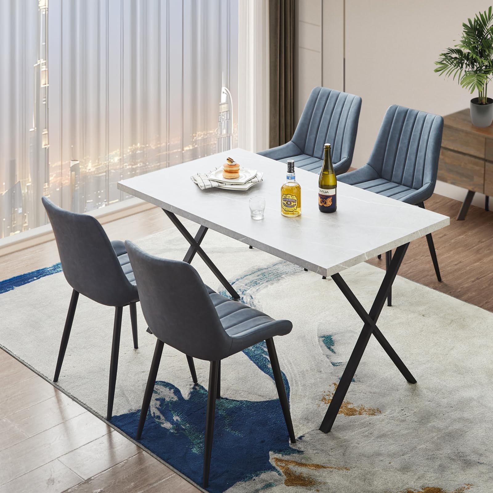 CLIPOP Faux Leather Dining Chairs Set of 4, Mid Century Modern Kitchen Chair, Pu Leather Dining Chair with Metal Leg, High Back, Armless Upholstered Leisure Side Chair for Dining Room Lounge, Blue