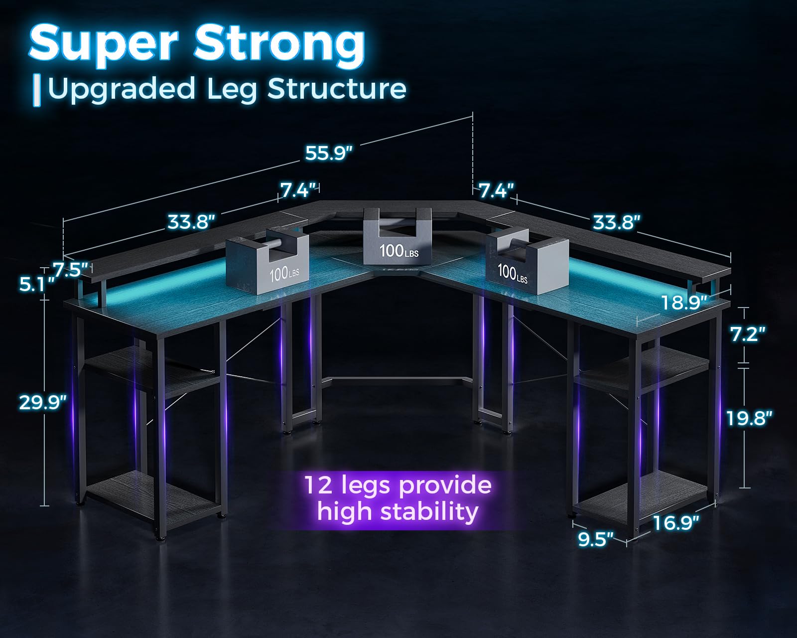 Coleshome L Shaped Gaming Desk with LED Lights & Power Outlets, Reversible 56" Computer Desk with Full Monitor Stand & Storage Shelves, Ergonomic Home Office Corner Desk, Black