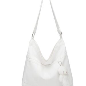 Covelin Womens Canvas Bag with Bear Pendant Crossbody Purse Top Zip Shoulder Handbag White