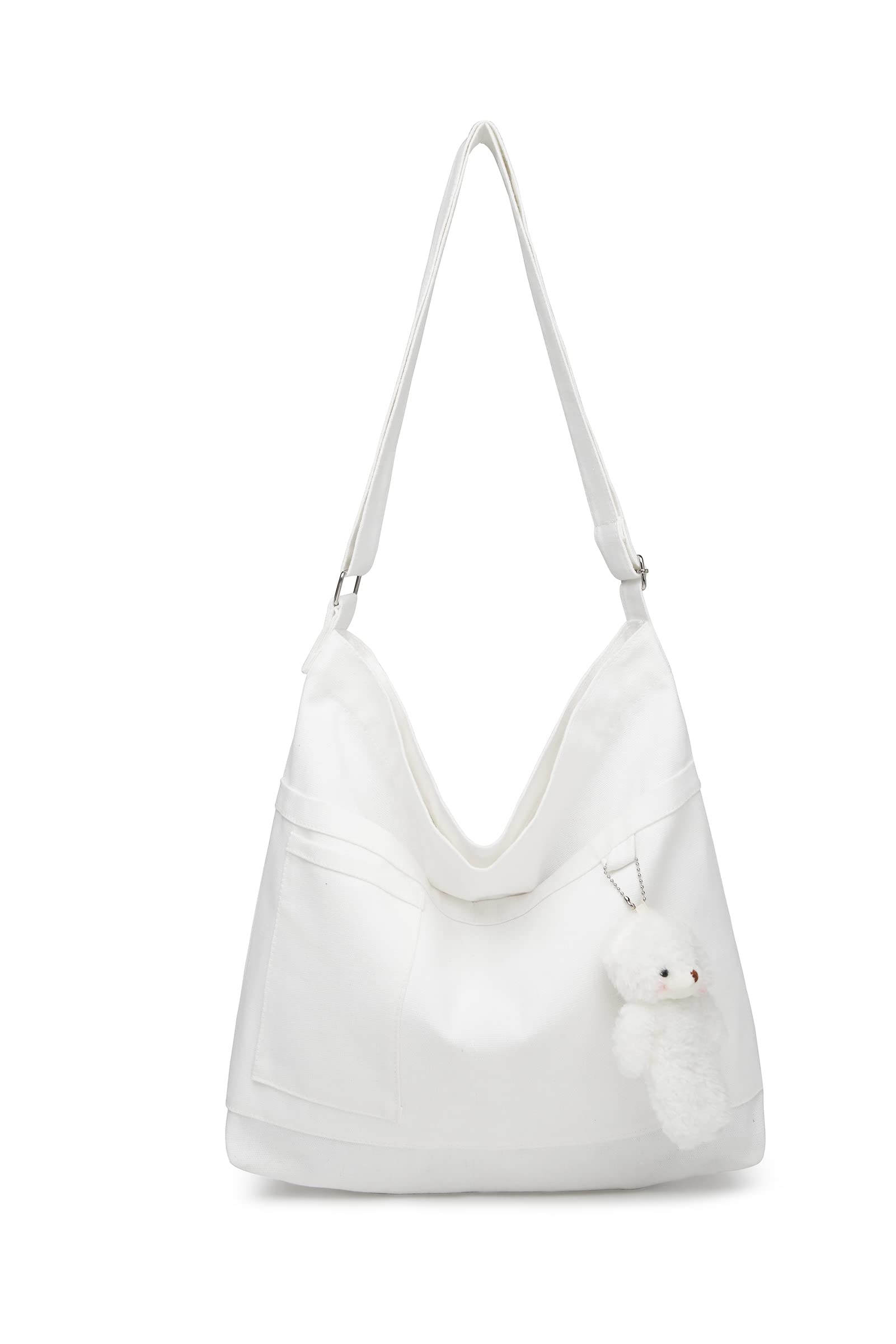 Covelin Womens Canvas Bag with Bear Pendant Crossbody Purse Top Zip Shoulder Handbag White