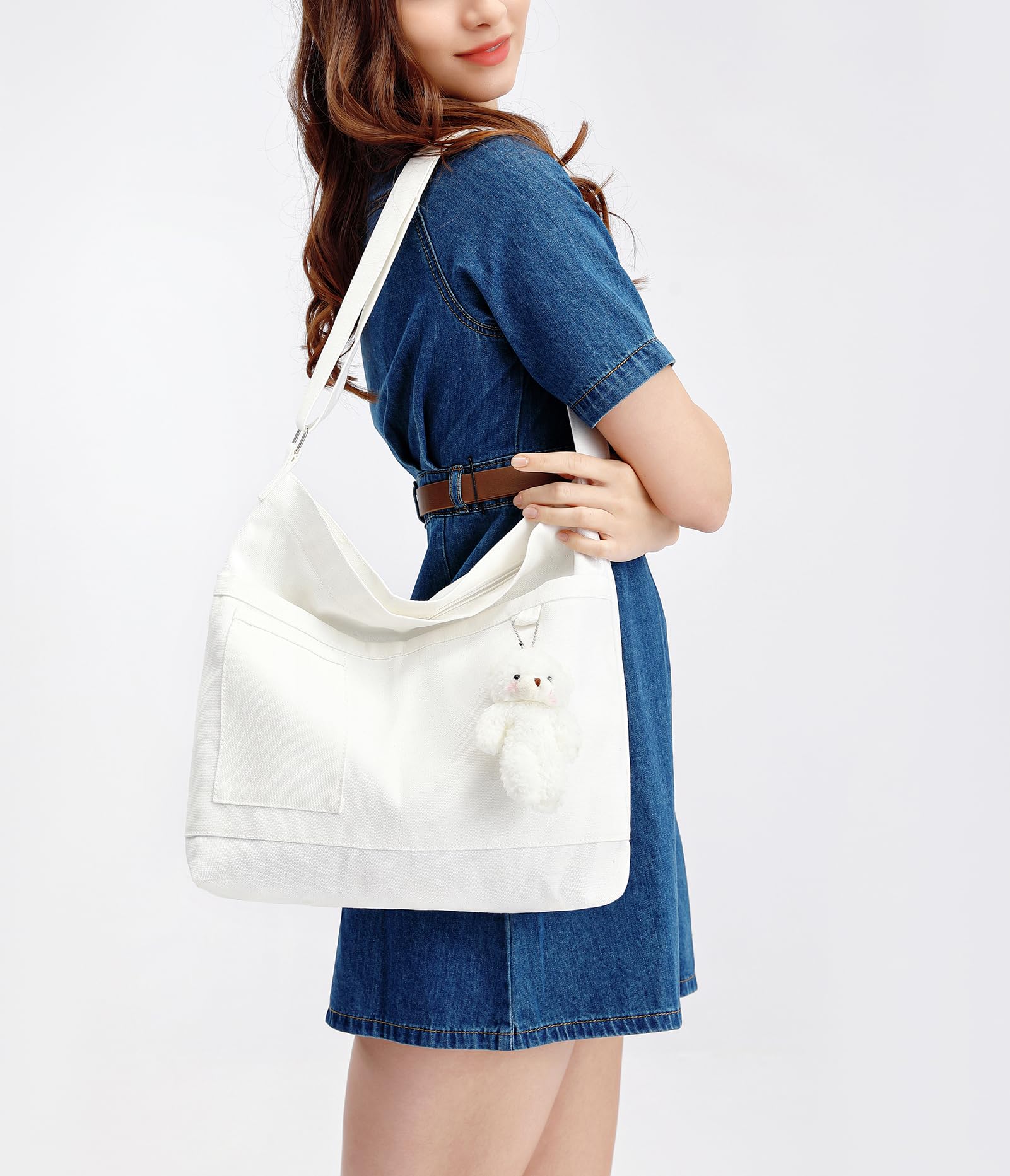 Covelin Womens Canvas Bag with Bear Pendant Crossbody Purse Top Zip Shoulder Handbag White