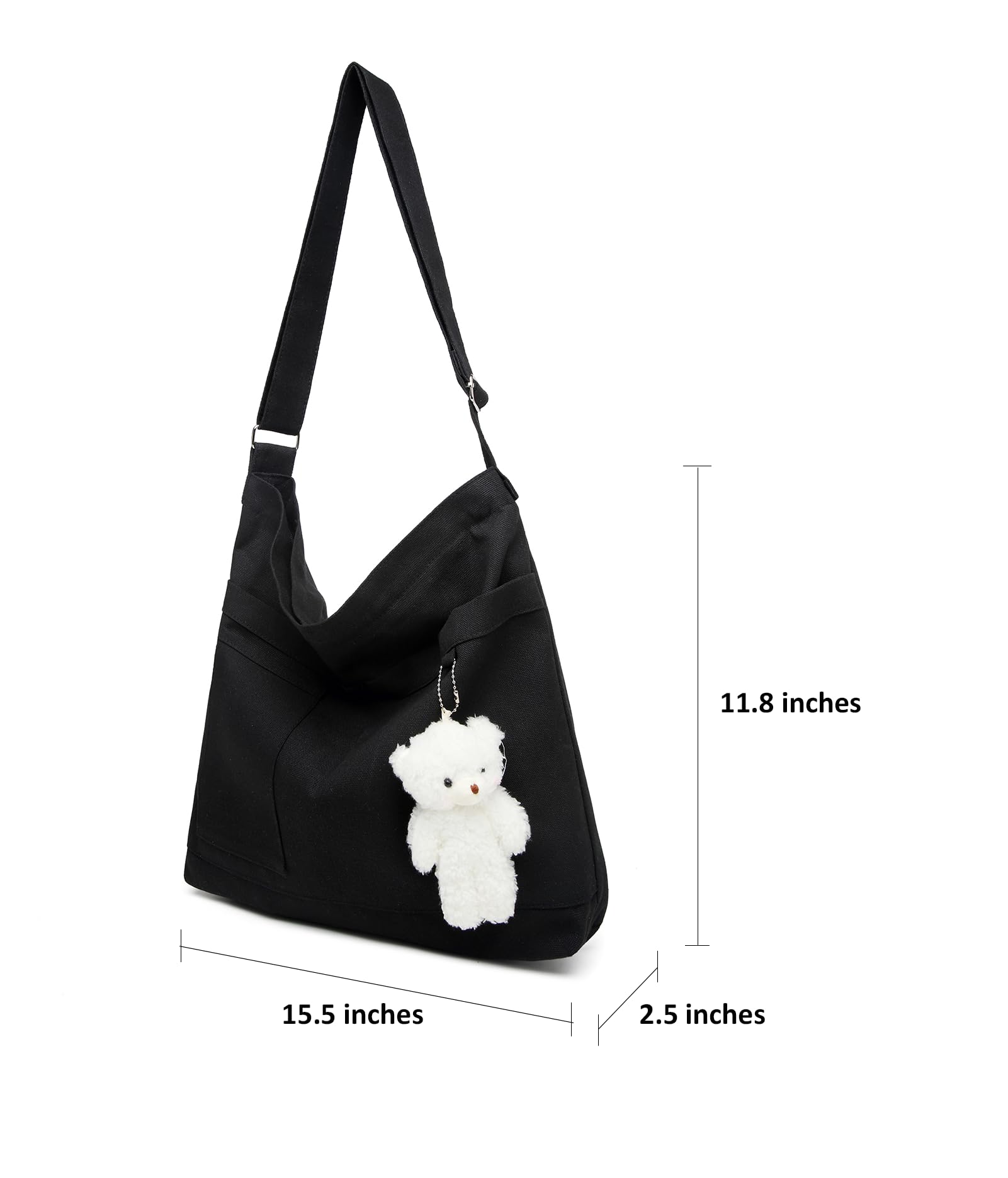 Covelin Womens Canvas Bag with Bear Pendant Crossbody Purse Top Zip Shoulder Handbag White