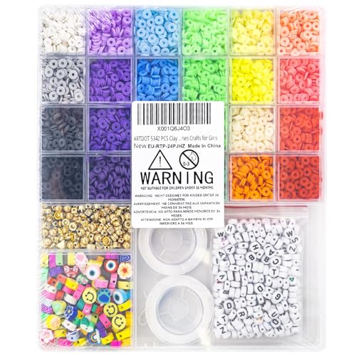 ARTDOT 5342 PCS Clay Beads for Friendship Bracelets Making Kit, 24 Rainbow Colors Jewelry Making Supplies Heishi Beads with Elastic String and Organizer Gifts for Teen Girls Ages 6 7 8 9 10 11 12