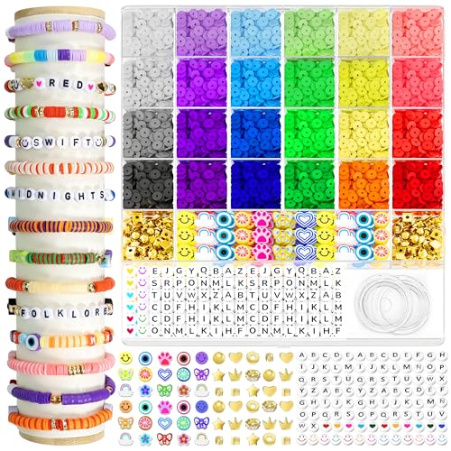 ARTDOT 5342 PCS Clay Beads for Friendship Bracelets Making Kit, 24 Rainbow Colors Jewelry Making Supplies Heishi Beads with Elastic String and Organizer Gifts for Teen Girls Ages 6 7 8 9 10 11 12