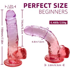 Realistic Dildo Clear Silicone 7.8" Red-Purple Gradient Adult Sex G-spot Dildo with Strong Suction Cup for Women Hand Free Play Flexible Soft Penis Dong, Toys for Vaginal and Anal Stimulation