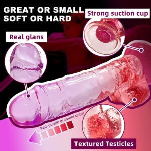 Realistic Dildo Clear Silicone 7.8" Red-Purple Gradient Adult Sex G-spot Dildo with Strong Suction Cup for Women Hand Free Play Flexible Soft Penis Dong, Toys for Vaginal and Anal Stimulation