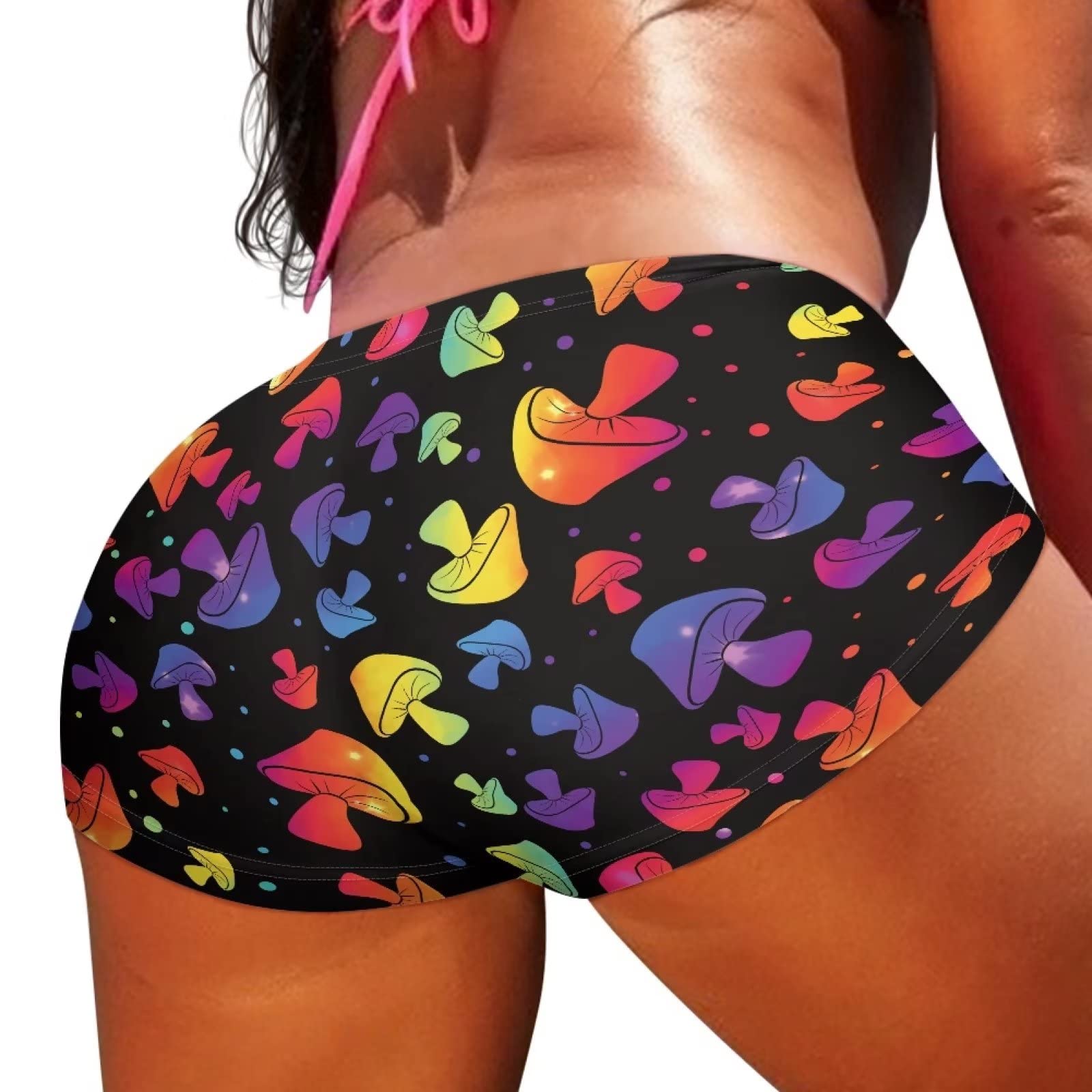 YEXIATODO Black Rave Bottoms for Girls Stylish Mushroom Hot Pants High Waisted Booty Shorts Rave Pants for Women Breathable for Yoga Gym Cycling Twerk Beach Everyday Casual Lounge Wear L