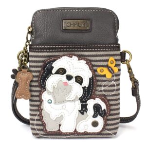 chala cell phone crossbody purse-women pu leather/canvas multicolor handbag with adjustable strap - shih tzu - white - gray stripe