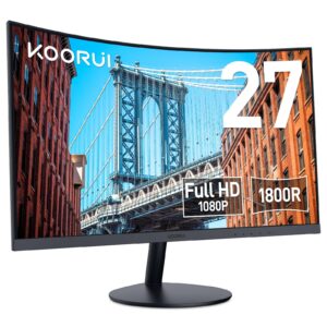 koorui 27 inch curved computer monitor full hd 1080p 75hz gaming monitor 1800r led monitor hdmi vga, tilt adjustment, eye care, black 27n5c