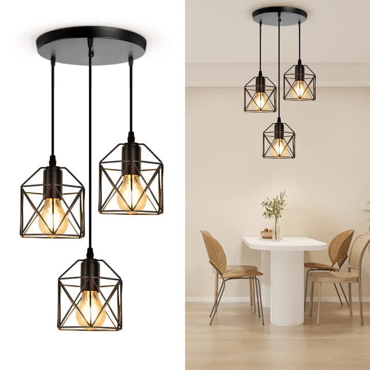 CANMEIJIA 3-Light Pendant Light Fixtures, Farmhouse Kitchen Island Light Fixture, Industrial Hanging Pendant Lighting for Dining Room Bedroom, Black Metal Cage Pendant, E26 Base, Bulbs Not Included