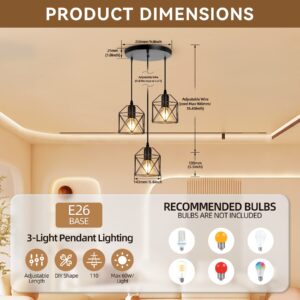 CANMEIJIA 3-Light Pendant Light Fixtures, Farmhouse Kitchen Island Light Fixture, Industrial Hanging Pendant Lighting for Dining Room Bedroom, Black Metal Cage Pendant, E26 Base, Bulbs Not Included