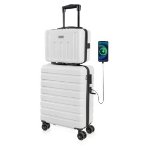 anyzip 21" carry on luggage and 14" mini cosmetic cases luggage set hardside pc abs lightweight usb suitcase with wheels tsa (2-piece set (14/21),white)