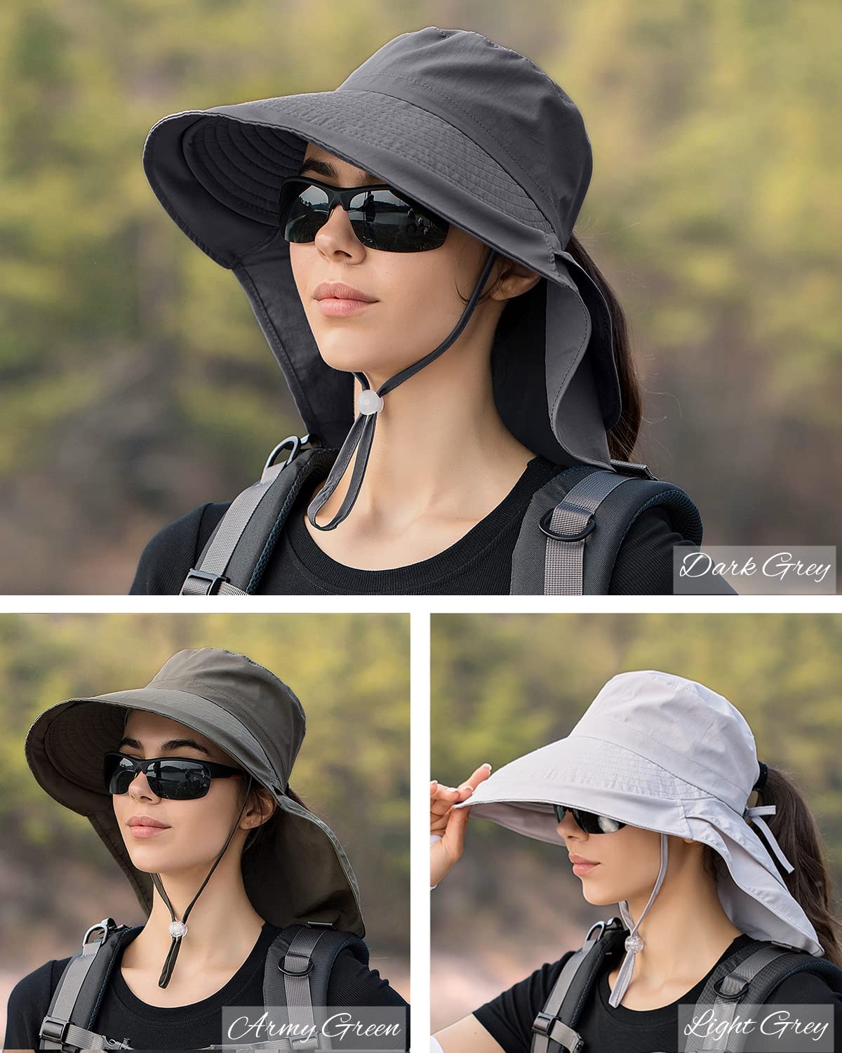 3 Pack Womens Ponytail Sun Hat with Neck Flap Wide Brim UV Protection Bucket Hat Summer Beach Fishing Hiking Garden UPF 50+ (3 Pack-Dark Grey＆Light Grey＆Army Green)