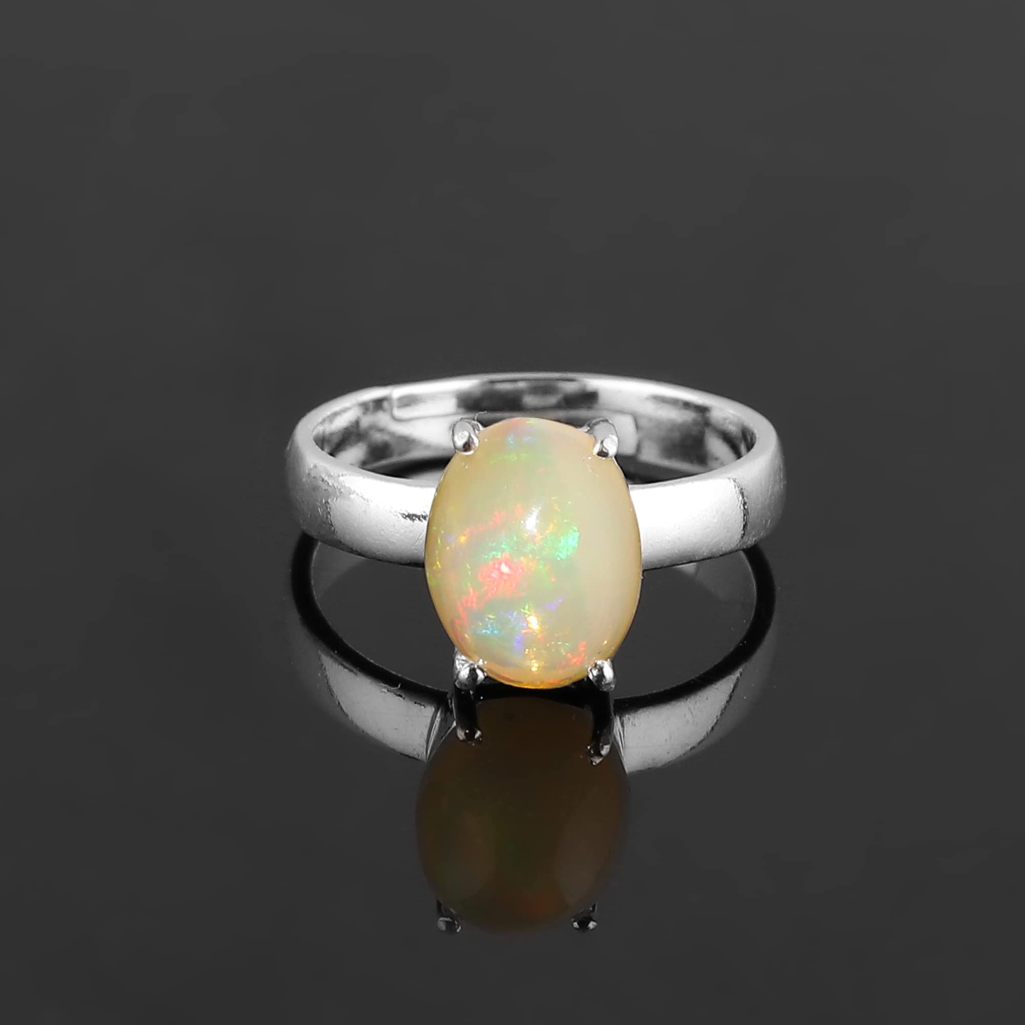 Natural Ethiopian Opal Ring - Adjustable Ring - 4-Prong 925 Sterling Silver Ring, Handmade, October Birthstone, Vintage Antique Jewelry for Classy Women (Sterling Silver, US - 7)