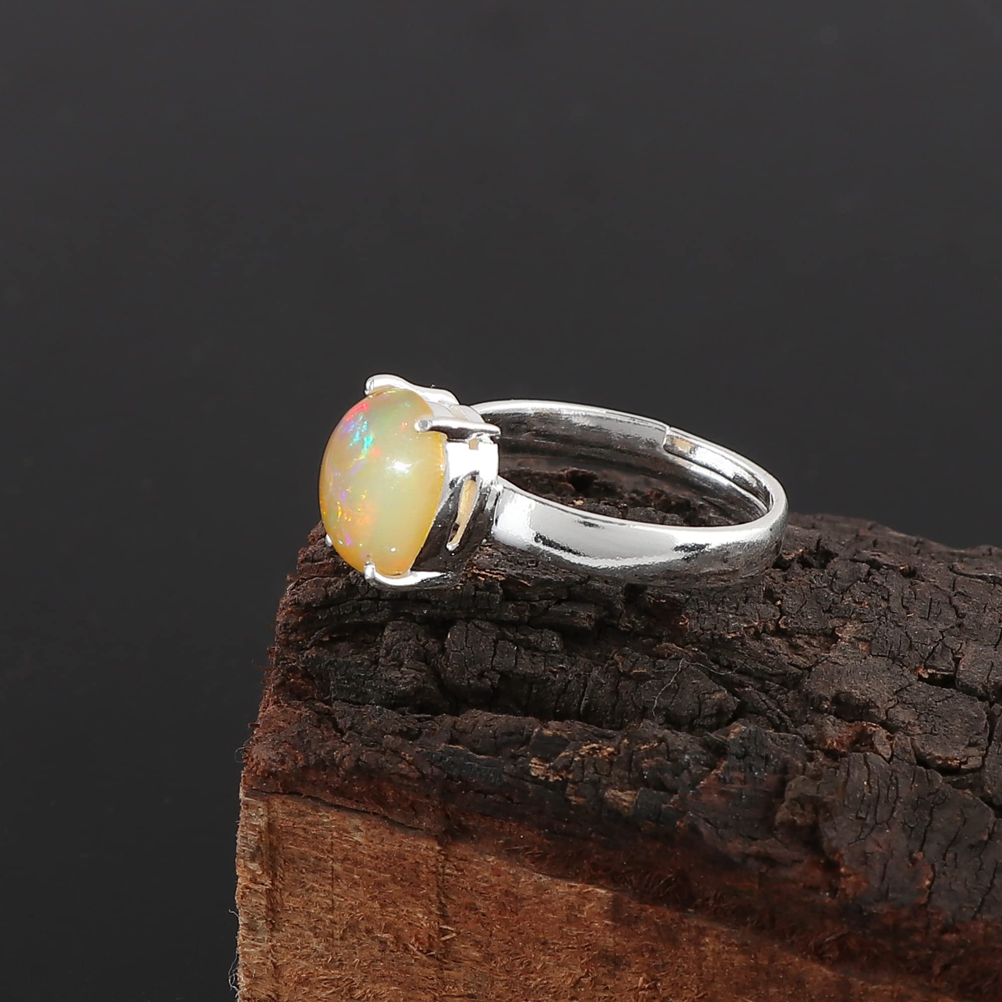 Natural Ethiopian Opal Ring - Adjustable Ring - 4-Prong 925 Sterling Silver Ring, Handmade, October Birthstone, Vintage Antique Jewelry for Classy Women (Sterling Silver, US - 7)