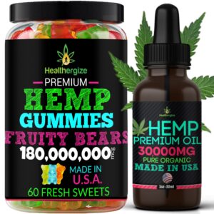 healthergize 2pack hemp gummies and organic hemp oil combo set-relief, soothing, discomfort, sleep, peace and relax-full body high care-made in usa