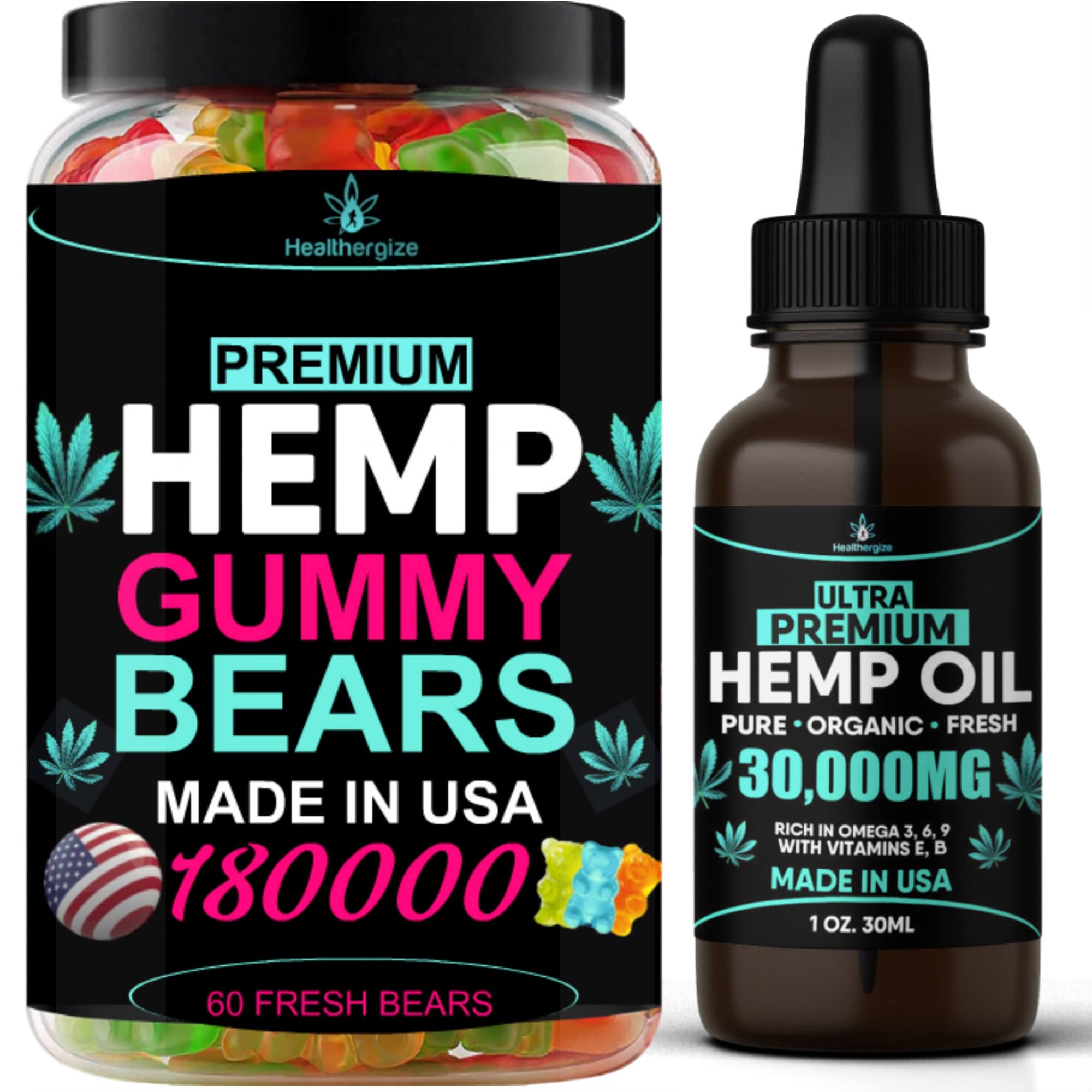 2Pack Hemp Oil and Hemp Gummies Gummy Bears Combo Set-Peace and Relaxation, Relief, Soothing, Discomfort, Sleep-Full Body High Care-Made in USA