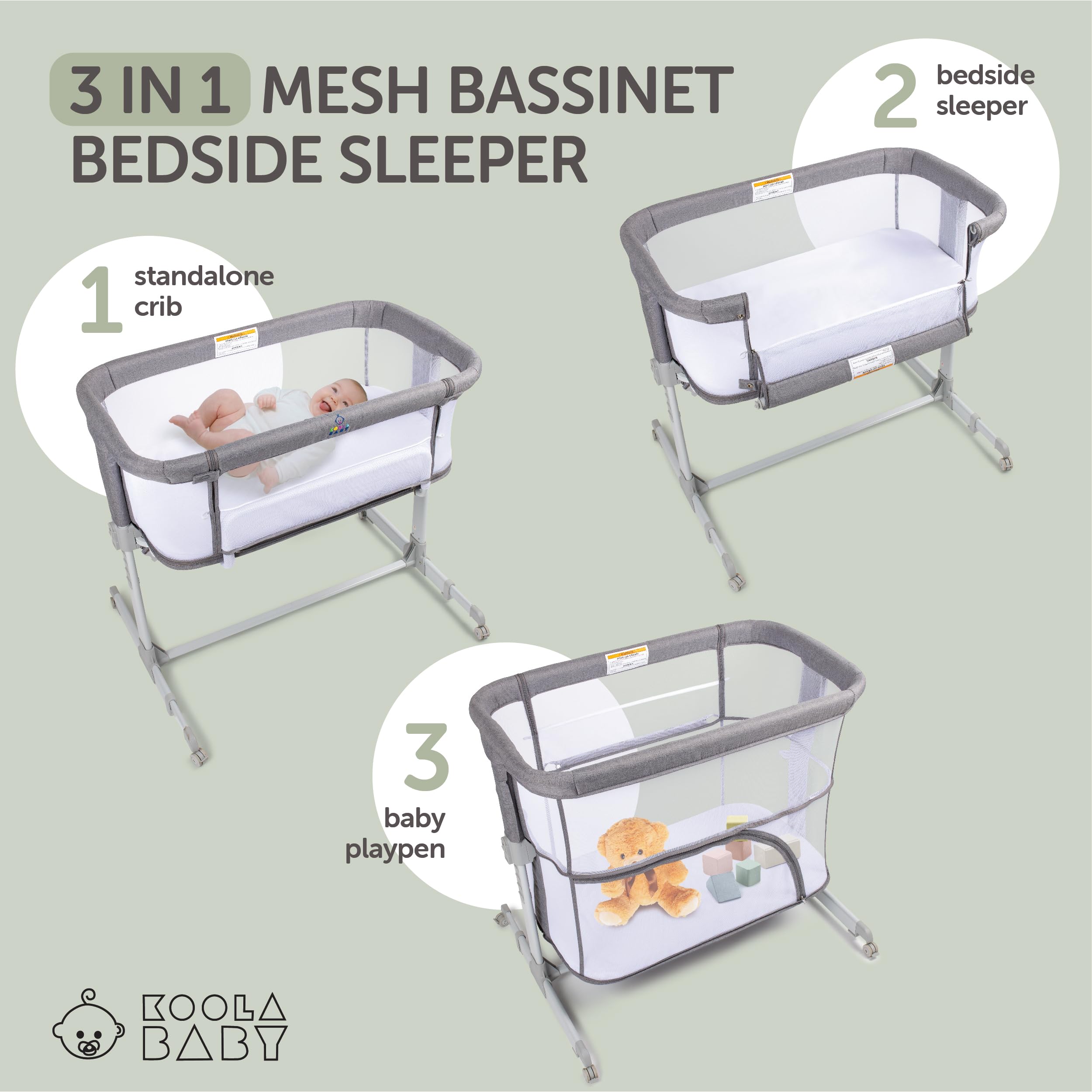 3 in 1 Baby Bassinet, Bedside Sleeper, & Playpen, Easy Folding Portable Crib (Grey)- KoolaBaby (Mesh Bassinet)