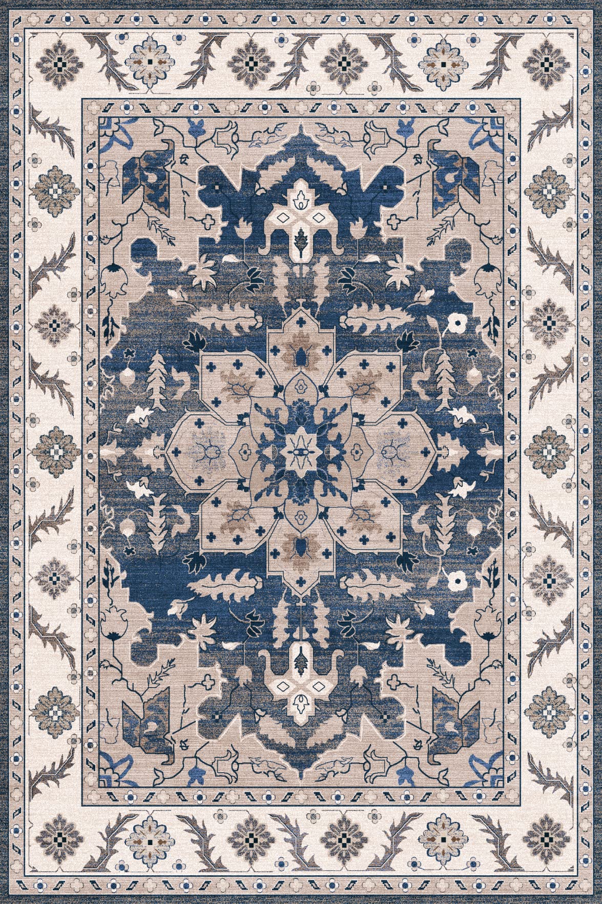 FINOREN Moroccan Distressed Area Rug,Stain Resistant Washable,Low Pile Non-slip Rug for Living Room Bedroom Dining Room Kitchen Indoor Office,Room Decorative Rugs,Blue,4x6 Feet