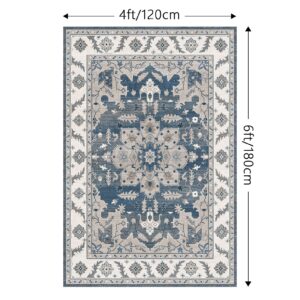 FINOREN Moroccan Distressed Area Rug,Stain Resistant Washable,Low Pile Non-slip Rug for Living Room Bedroom Dining Room Kitchen Indoor Office,Room Decorative Rugs,Blue,4x6 Feet