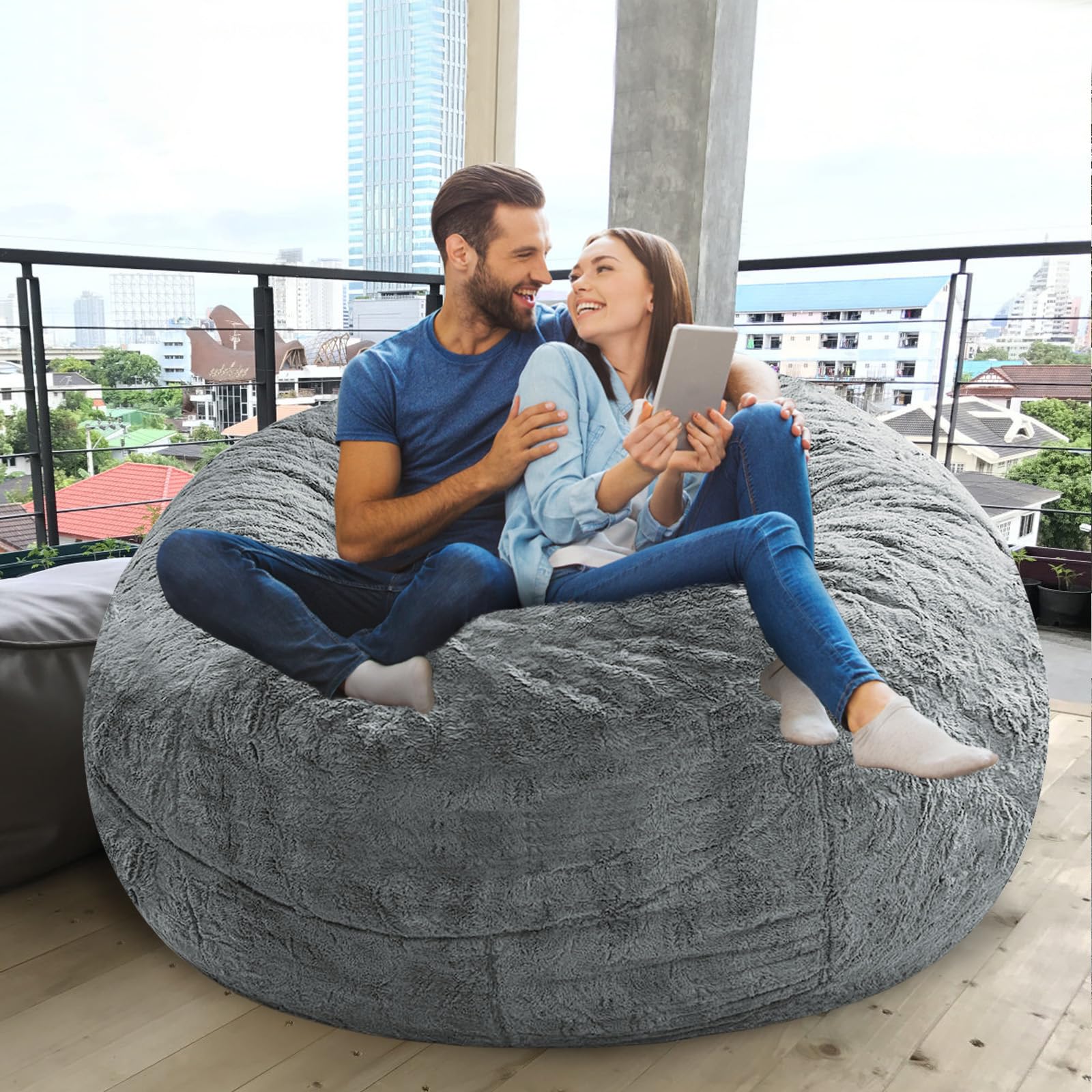 cjc Microsuede 6FT 7FT Foam Giant Bean Bag Cover Memory Living Room Chair Lazy Sofa Slipcovers(Light Grey, 6FT 150 * 75cm)