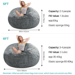 cjc Microsuede 6FT 7FT Foam Giant Bean Bag Cover Memory Living Room Chair Lazy Sofa Slipcovers(Light Grey, 6FT 150 * 75cm)